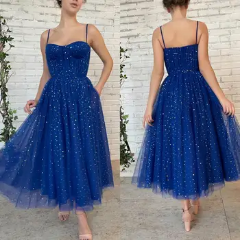 14908 #Sjajne Kraljevske plave haljine za maturalne od tila Midi sa zvijezdama, večernje haljine Trapeznog oblika na trake Čaj duljine, večernje haljine za zabave