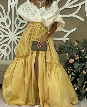 Arapski Večernja haljina slavne osobe iz Dubai taft Trapeznog oblika s prorezom sprijeda, Plisirane haljine sa V-neck Za žene, Večernje haljine za maturalne večeri, ogrtači za Kupanje De Soirée