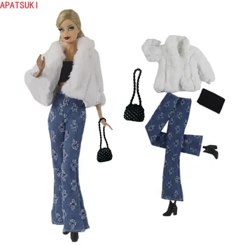 Bijeli Kaput od umjetnog krzna, Komplet odjeće za lutke Barbie, Moderan top, Hlače, cipele, torba za Barbie lutke Pribor za lutke, igračke
