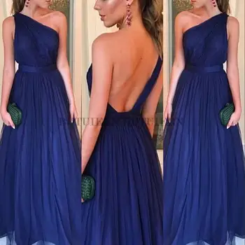 Blue Tulle Prom Dress Floor Length One Shoulder Seksi Backless A-line Elegant Evening Dresses-haljine za novu godinu