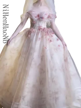 Bujna haljine s cvjetnim uzorkom za žene, Трапециевидный montažni rez лодочкой, dužine do poda, blijedo-ružičaste haljine, Smještaj za haljinu