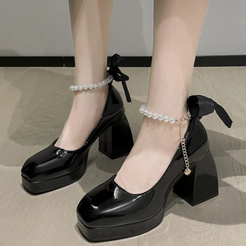 Crno/Bijele Ženske cipele na visoku petu, Elegantan luk s Trga vrhom, Crne cipele na visoku petu cipele, modne cipele vjenčanje na debelim petama, Biserno čipke cipele za vjenčanje