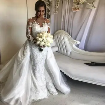 Držači Vjenčanje haljina Sirena vjenčanice S Odvojivim Vlak, Transparentno Haljini dugih rukava i aplikacija od perli, Vestidos De Novia Chapel