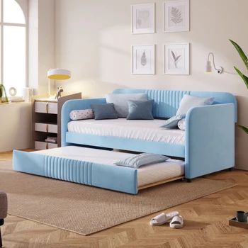 Elegantan i moderan kauč-ležaj sa mekom sofa na rasklapanje Twin Size, s krevetom na izvlačenje i drvenim štapom, pogodan za spavaće sobe, svijetlo plava