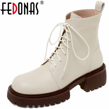 FEDONAS/ svakodnevne ženske čizme za odmor, klasične cipele od prave kože čipka-up s okruglim vrhom, ženske jesensko-zimske moto čizme