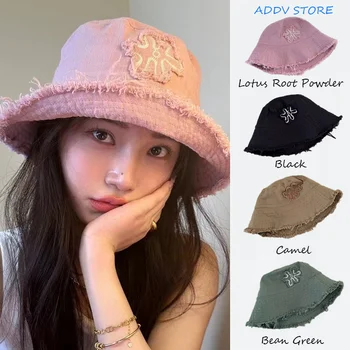 INS Ljetna nova pink ribarski šešir s grubim rubovima, ženstveni cvjetni vez, korejski dizajn, pink ribarski šešir s lotosa
