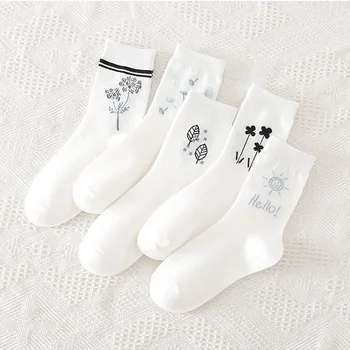 Jesensko-zimske čarape s bijelim listovima, univerzalne Ženske pamučne čarape srednje dužine Ins, Moderan studentski pamučne ženske čarape s uzorkom