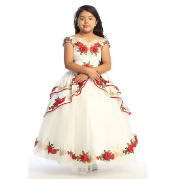 Mini bujne haljine Trapeznog oblika s otvorenim ramenima, aplike, haljine s cvjetnim uzorkom za djevojčice, Meksički svečane haljine, Dječji