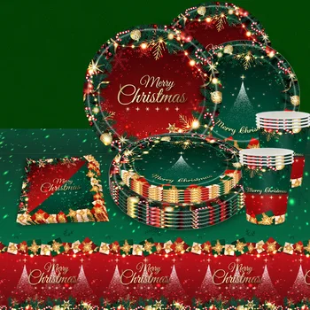 Novi Božićni Domjenak Crveno-Zeleno Božićno Drvce Poklon Set Za Zurke Jednokratnu Ladica Za Papir Za Zurke Papirnata Čaša Stolnjak, Ubrus Decorati