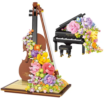 Novi kreativni violina Klavir Buket cvijeća s pozadinskim osvjetljenjem Građevinske Sklopnih blokova cigle Igračke za djecu, Poklone za rođendan