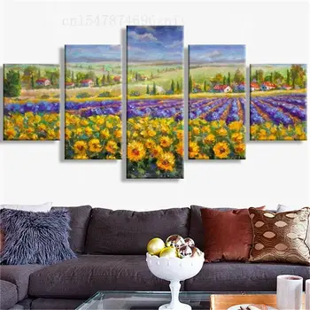Plakat sa sunčanim cvijet i po cijeloj površini, zid umjetnost za dnevni boravak, Kućnog tekstila, HD za Tisak, platnu, Slike za dekor sobe, 5 panela, HD za ispis fotografija