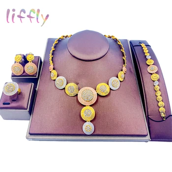 Setovi nakita od zlata 24k u Dubai za žene, Šareno ogrlica, narukvica, Okrugle Naušnice, Prsten, Milina za Mladence vjenčanje, Vjenčanje pribor