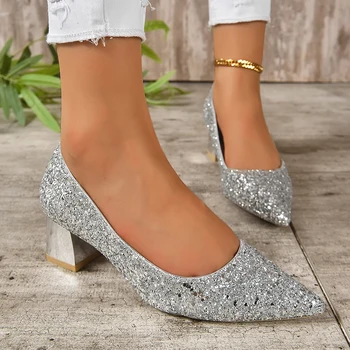 Sjajne srebrne cipele-brod s šljokice, ženske jesen jednostavne cipele na visoku petu, bez kopče, ženske cipele za vjenčanje zurke sa oštrim vrhom na debelim potpeticama